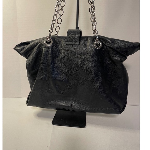 Furla Black Pebbled Leather Tote Bag Silver Chain Shoulder Strap Slouchy Hobo - Picture 4 of 15